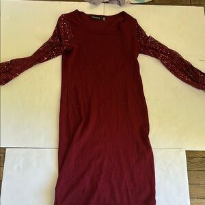 Red Sequin Embellished Long Sleeve Sheath Dress